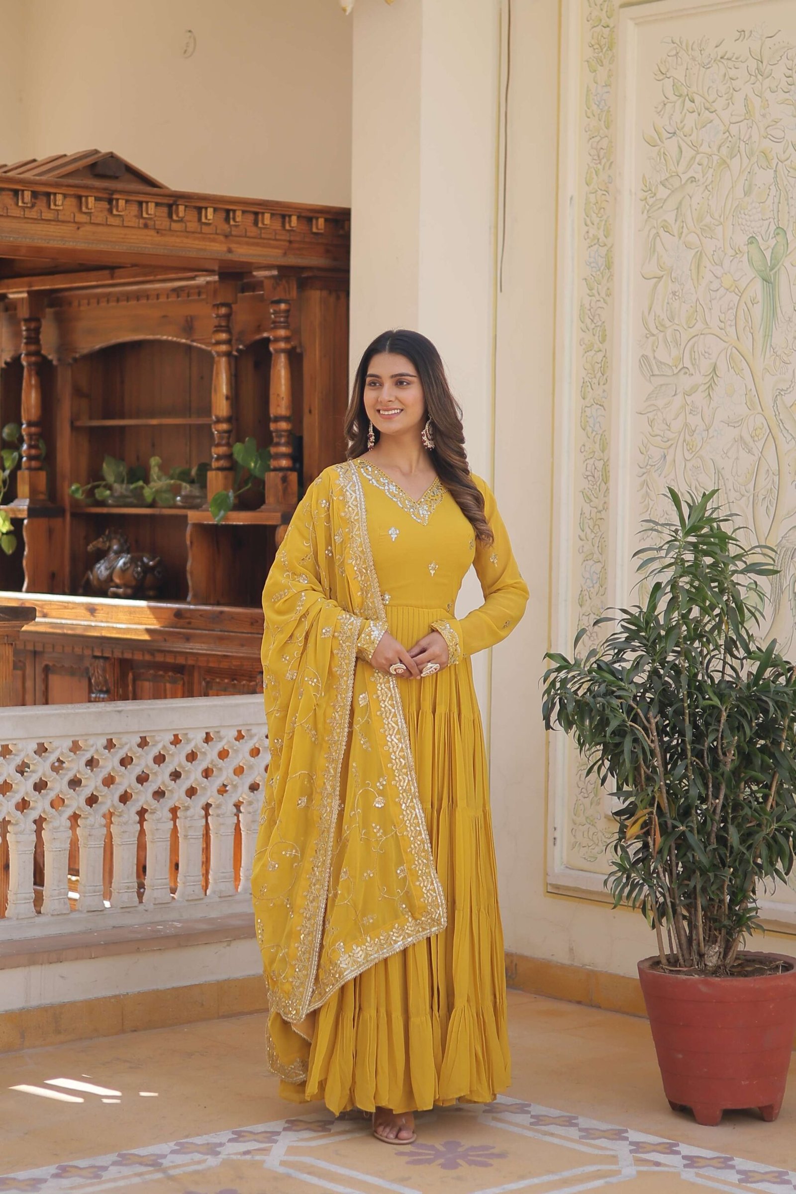 Yellow Faux Georgette Designer Gown with Sequined Dupatta ? Fully Flared Elegant Party & Wedding Set - Image 3