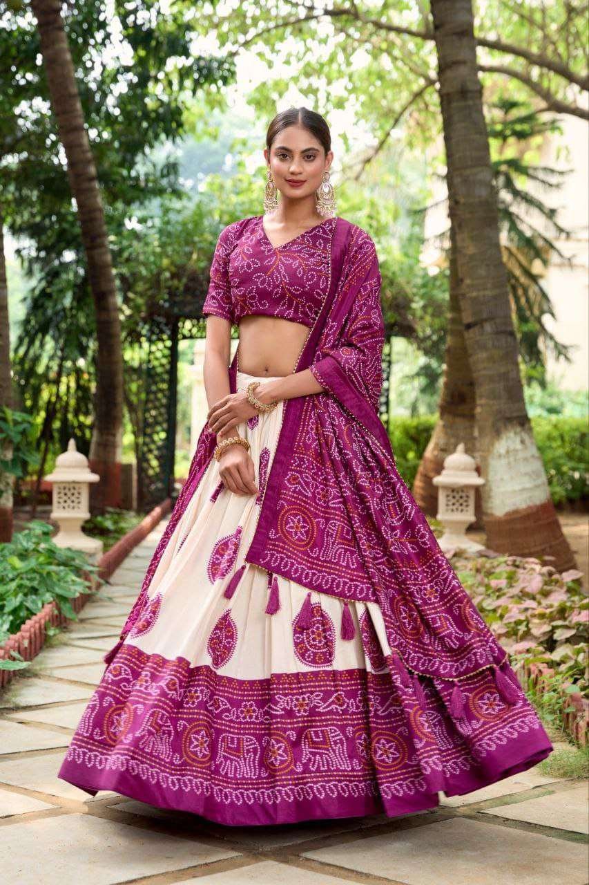 White Dola Silk Lehenga Choli with Purple Blouse & Dupatta | Bandhej & Patola Print | Wedding & Festive Wear - Image 6