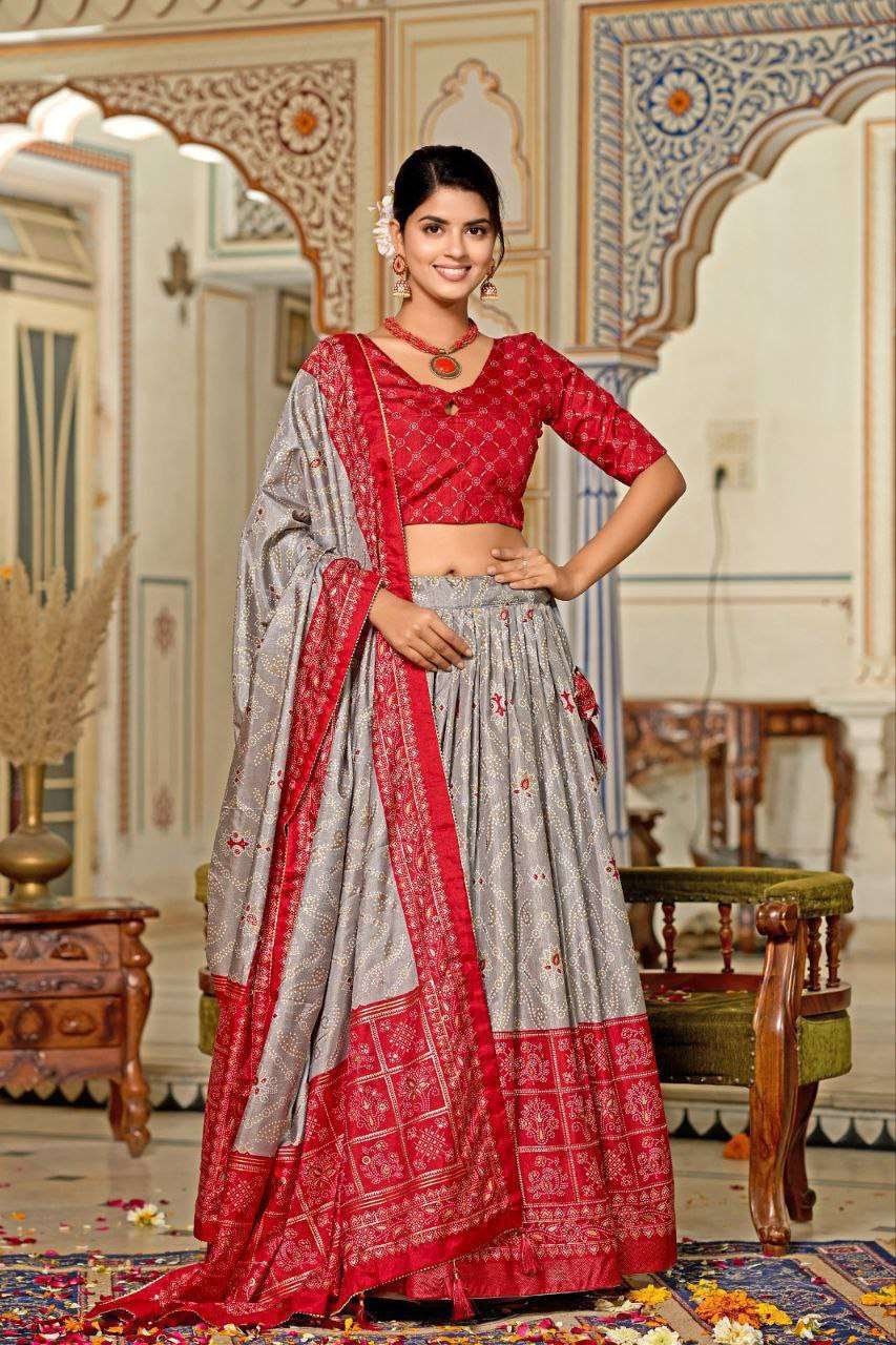 Grey Dola Silk Lehenga Choli with Red Blouse & Minakari Foil Print | Wedding & Party Wear - Image 2