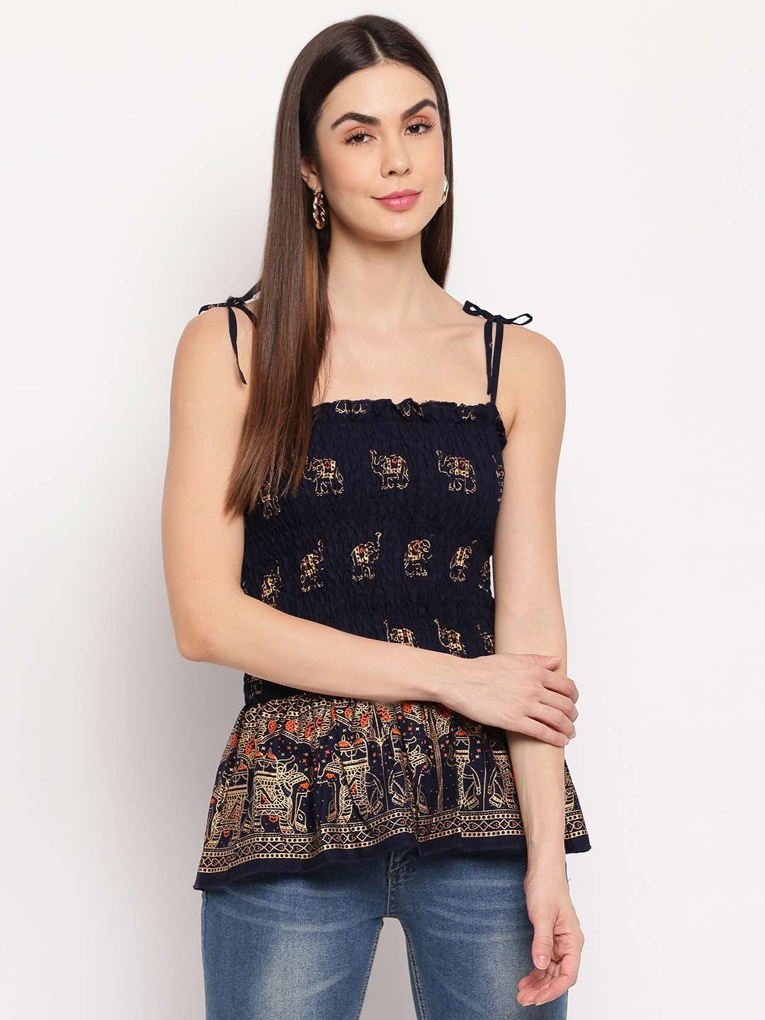 Women's Rayon Elephant Print Casual Summer Style Tie Shoulder Straps Free Size Tank Top ( Navy Blue1 Gold Pattern) - Image 2