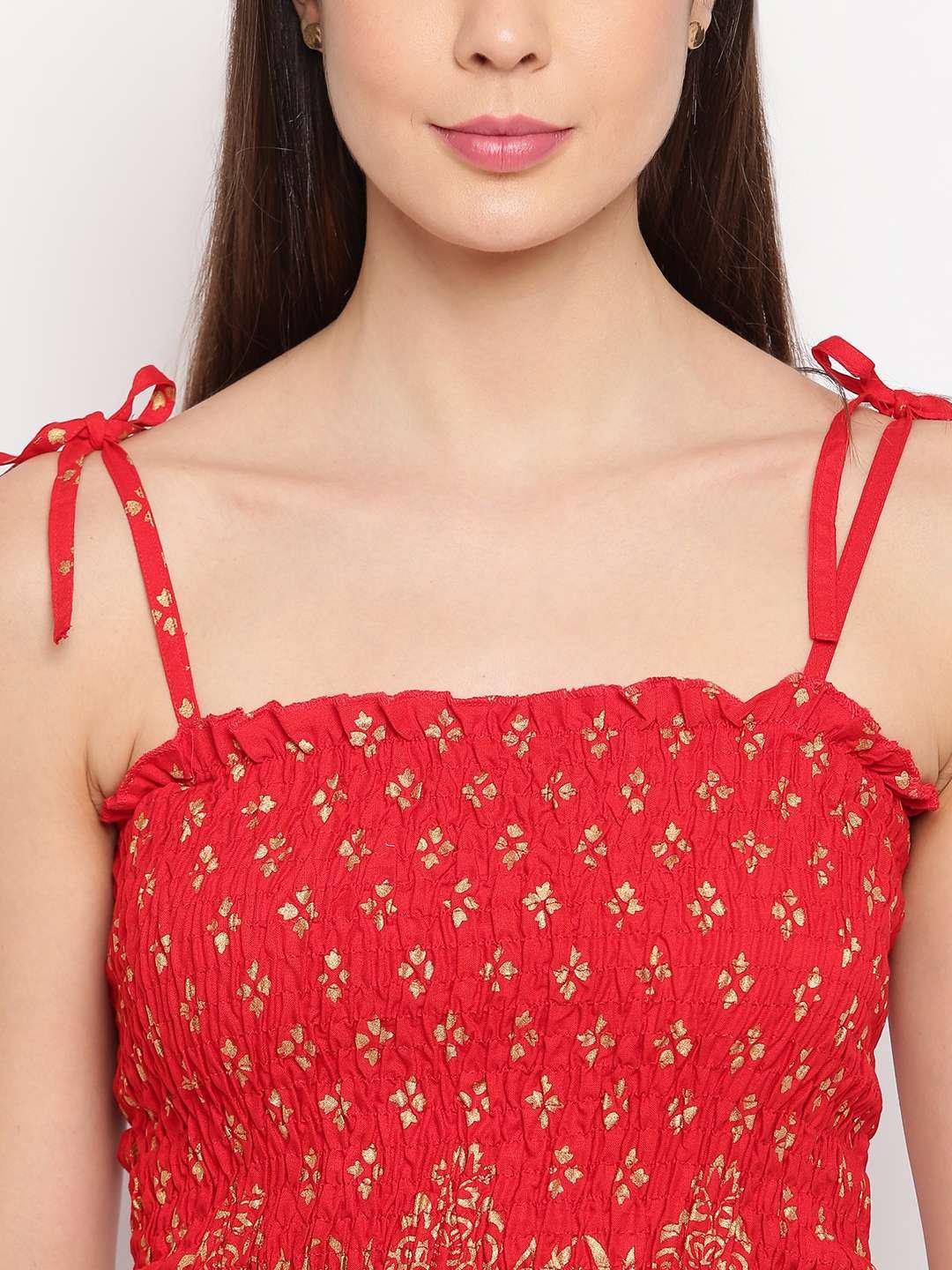 Women's Rayon Floral Printed Casual Summer Style Tie Shoulder Straps Free Size Tank Top ( Red Gold Pattern) - Image 4