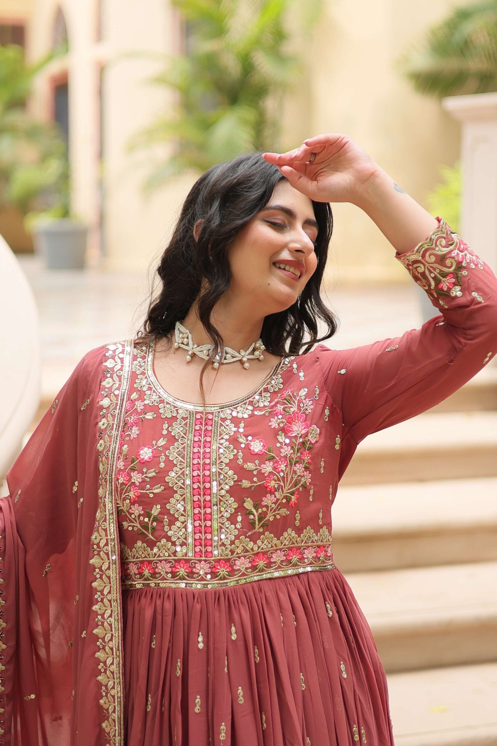 Coffee Faux Georgette Sequins Embroidered Kurti with Sharara & Dupatta Set - Image 5