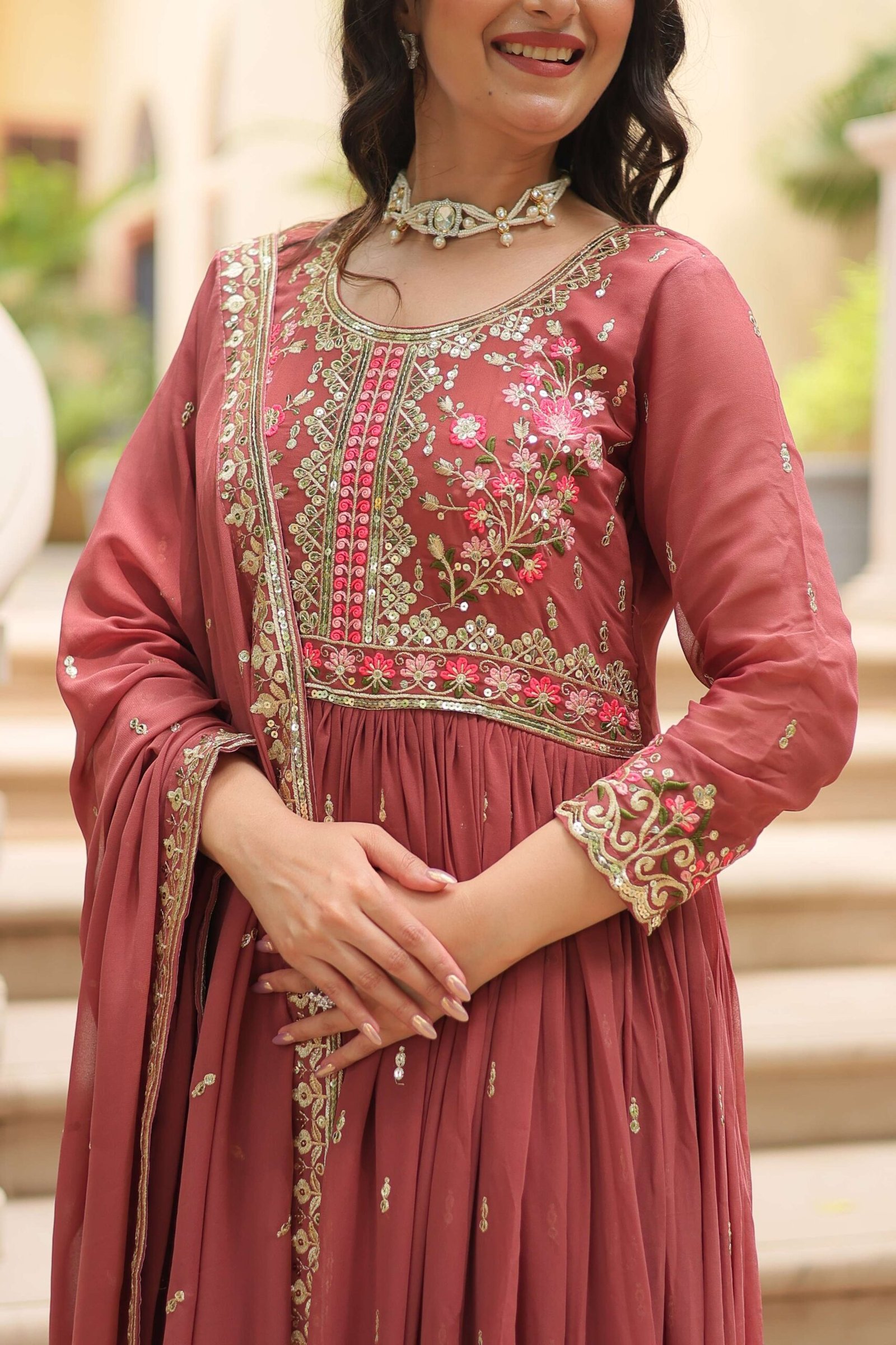 Coffee Faux Georgette Sequins Embroidered Kurti with Sharara & Dupatta Set - Image 8