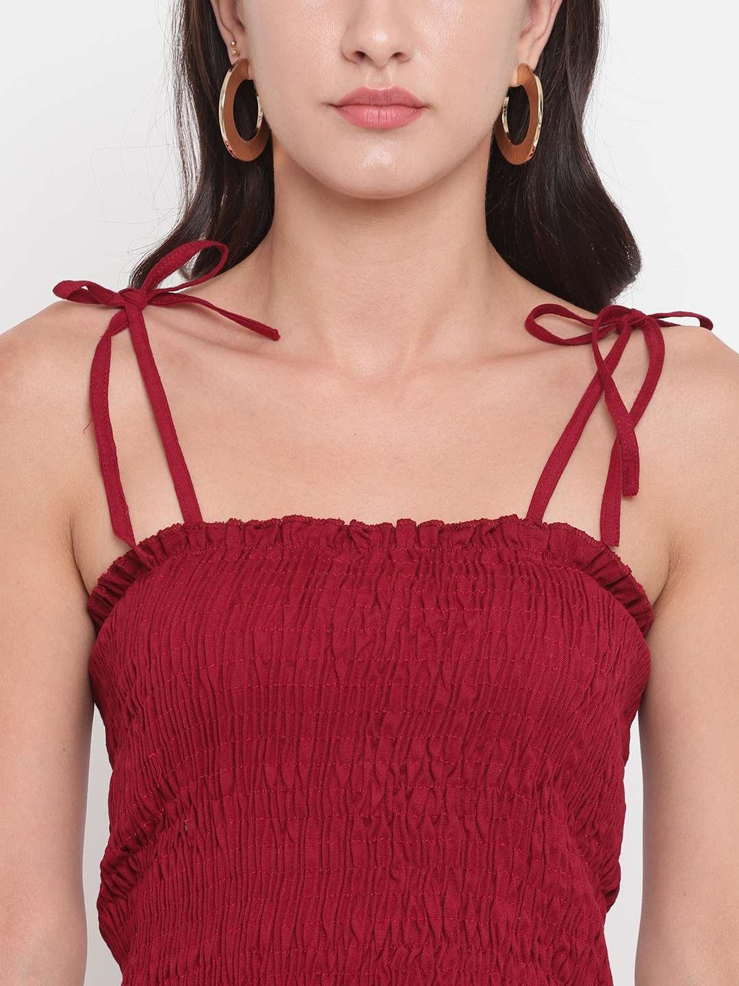 Women's Rayon Solid Casual Summer Style Tie Shoulder Straps Free Size Tank Top (Maroon) - Image 3