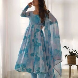 Womens Crunchy Silk Anarkali Kurti with Pant & Dupatta Set