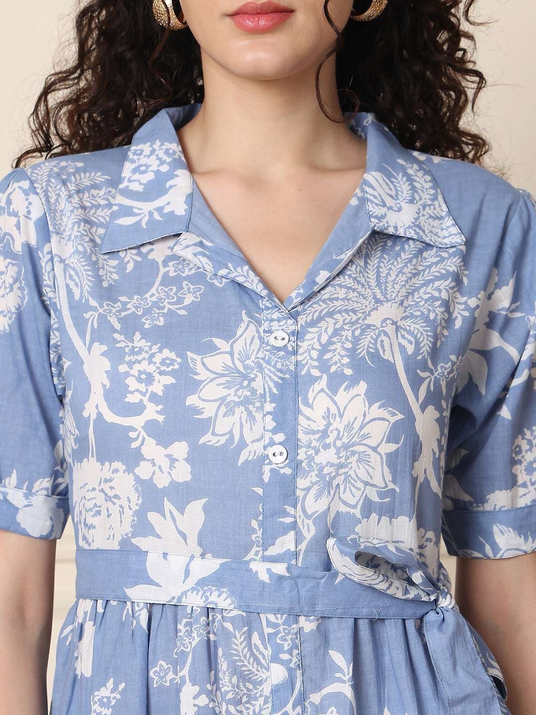 Women's Cotton Printed A-Line Midi Dress | Short Sleeve Flared Gown Dress (Sky Blue) - Image 4