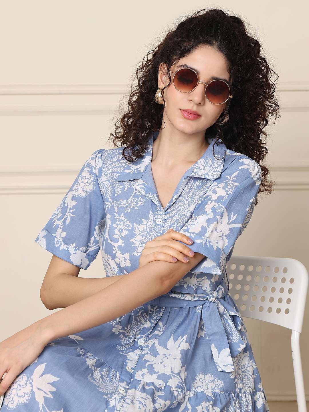 Women's Cotton Printed A-Line Midi Dress | Short Sleeve Flared Gown Dress (Sky Blue) - Image 5